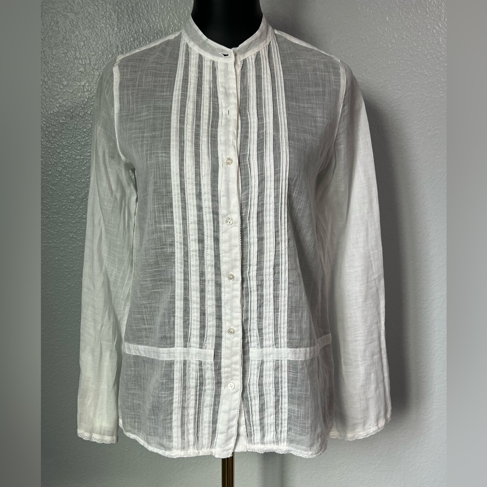 J. Crew sheer white tuxedo pleat long sleeve button down shirt XS